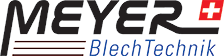MEYER BlechTechnik Logo mit schwarzer Schrift, drei weinroten Linien, blauer BlechTechnik-Schrift und rotem Quadrat mit Schweizerkreuz.