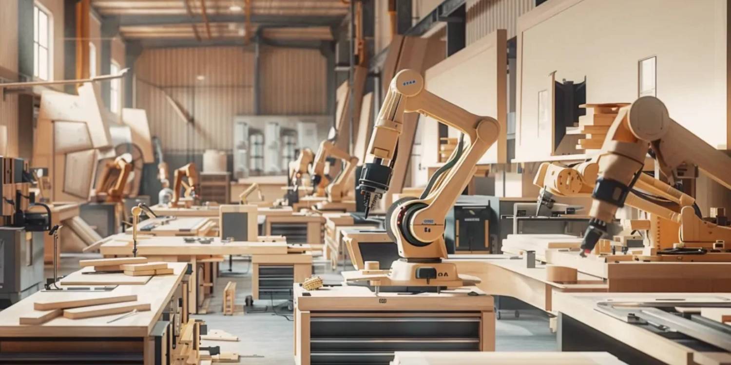 Moderne Fabrik mit gelben Industrierobotern, die Holzwerkstücke an Werkbänken unter Schutzvorrichtungen effizient bearbeiten.