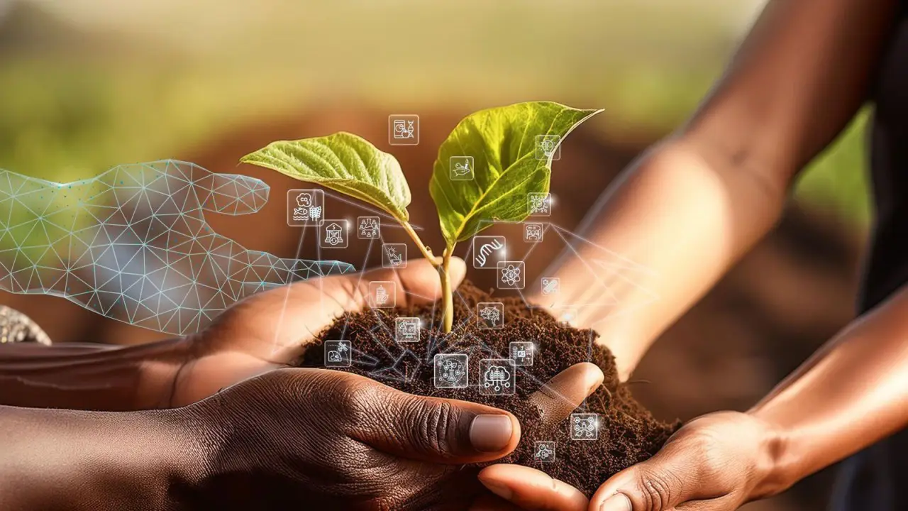 Nahaufnahme von Händen mit Erde und Jungpflanze, umgeben von digitalen Icons zu Arbeitsschutz und moderner Schutzeinrichtung.