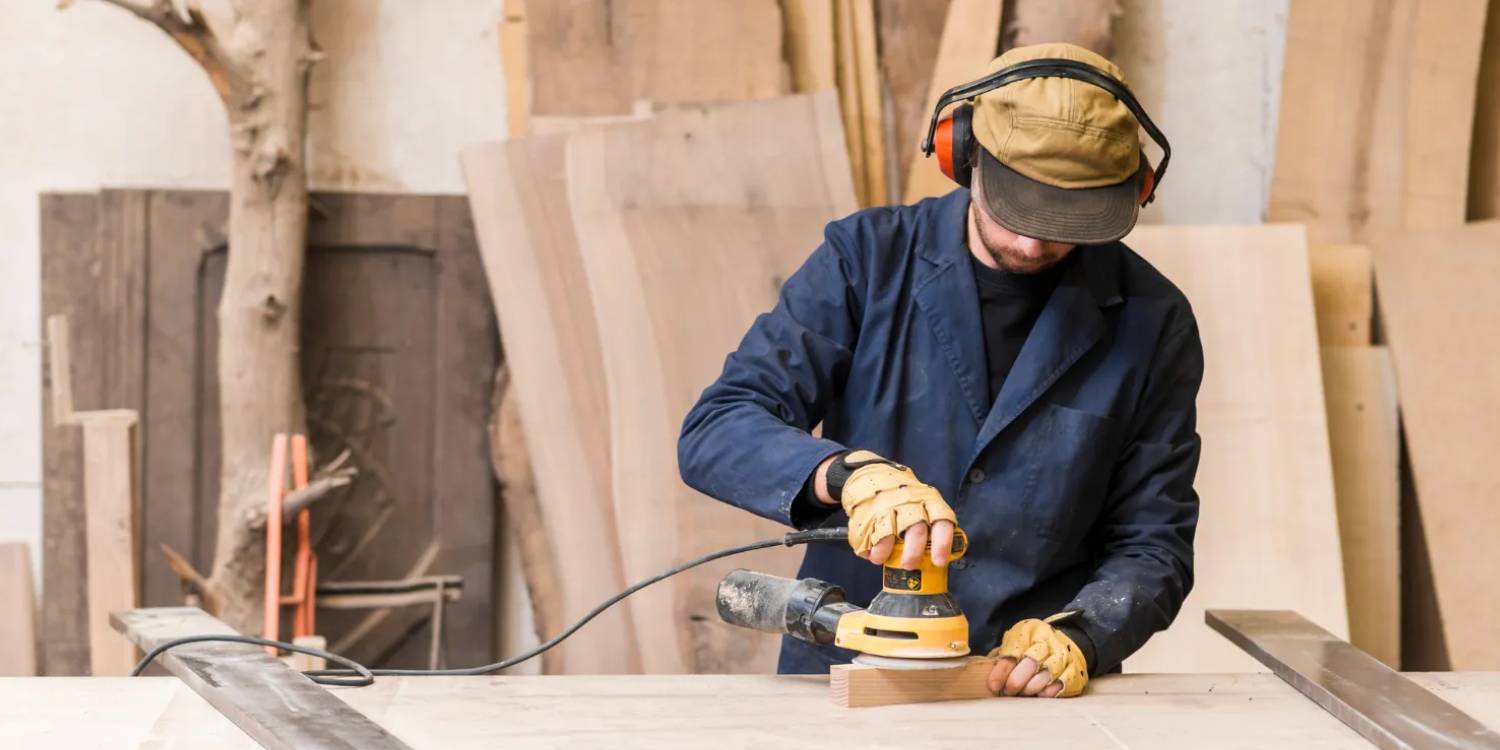 Eine Person trägt Schutzhandschuhe, Gehörschutz und Schutzkappe und schleift Holz mit einem Elektroschleifer in der Werkstatt.