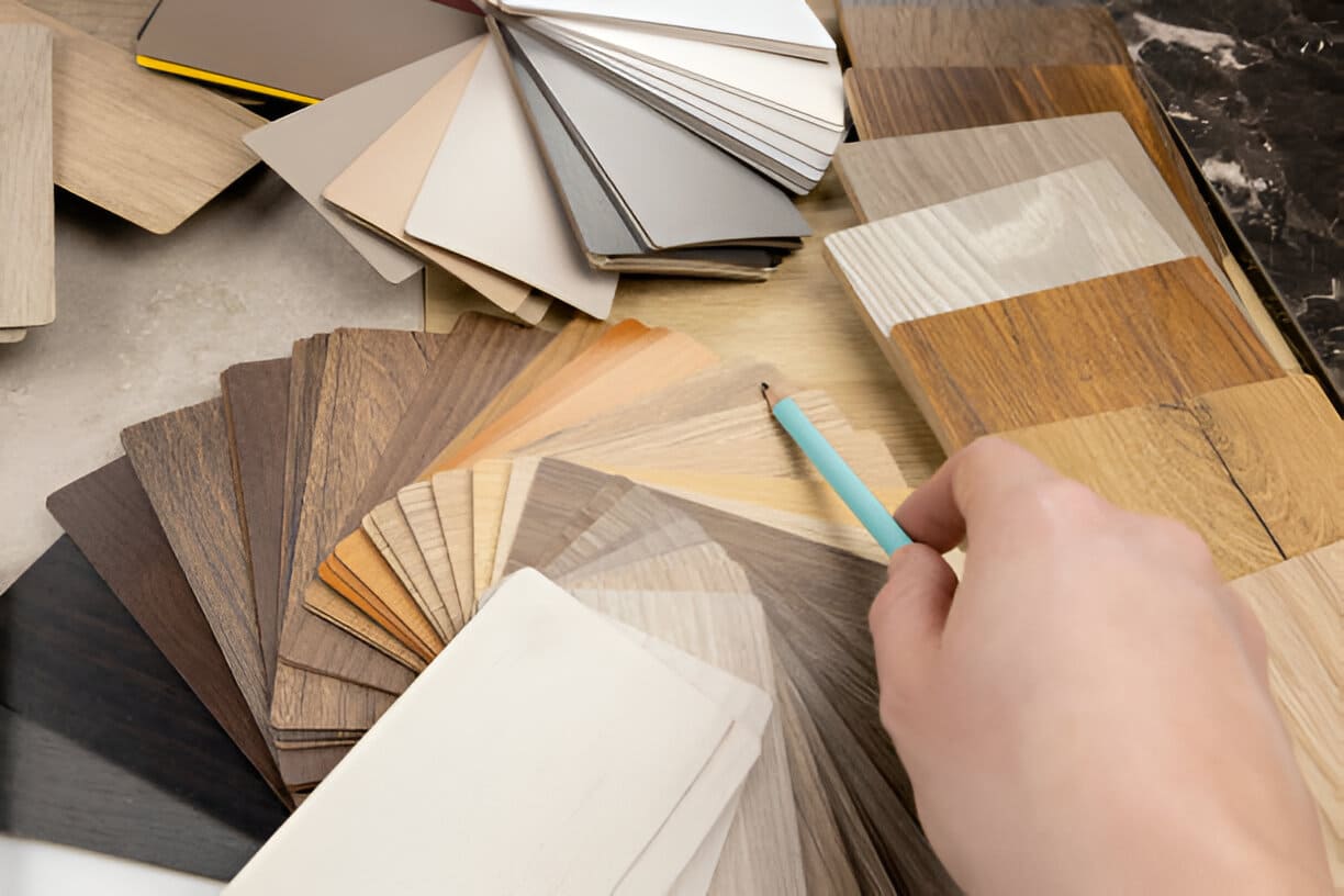 Eine Hand mit türkisfarbenem Stift zeigt auf Holz- und Laminatmuster, Schutzeinrichtungen für Holzbearbeitungsmaschinen sichtbar.