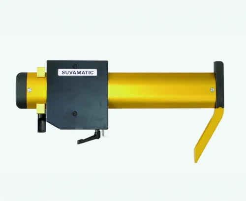 Gelb-schwarzes SUVAMATIC Schutzsystem einteilig (Nutzlänge bis 340 mm) mit Hebel, Griff und Steuerbox, auf weißem Hintergrund.