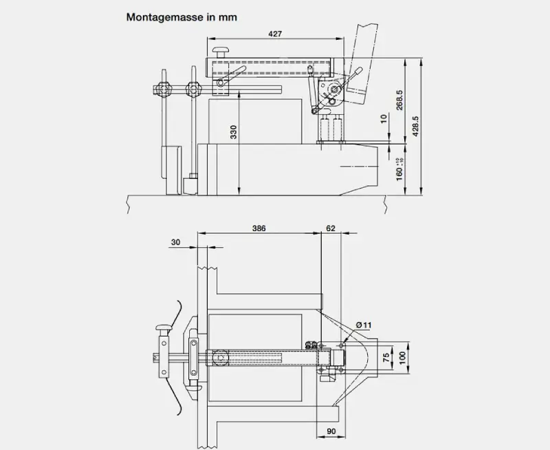 Technische Zeichnung Schutz- und Druckvorrichtung aufklappbar 24171 mit mm-Montagemassen, Bolzen, Hebeln, Montage-Hinweisen.