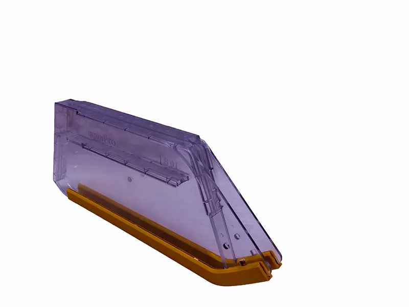 Schmale Schutz- und Absaughaube S 91 mit Schienen, Fenster (56), violett-transparent, gelber Sockel, auf weissem Hintergrund.
