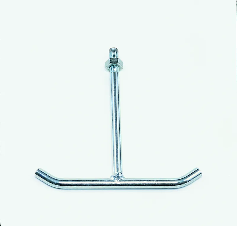 Doppelhaken für Handgriffe (605), T-förmiges Metallwerkzeug mit Griffen, Bolzen und Mutter, vor weißem Hintergrund.