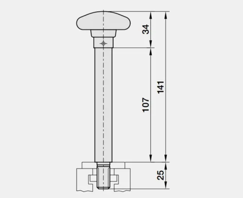 Technische Zeichnung Bolzen mit Sterngriff, Höhe 141 mm, für Schutzeinrichtungen, schwarze Linien auf weissem Grund.