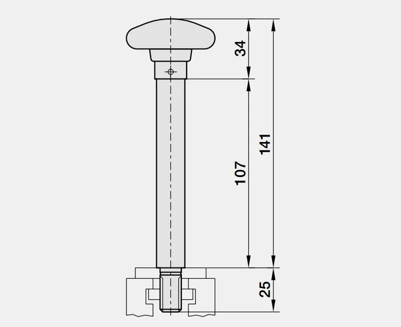 Technische Zeichnung Bolzen mit Sterngriff, Höhe 141 mm, für Schutzeinrichtungen, schwarze Linien auf weissem Grund.