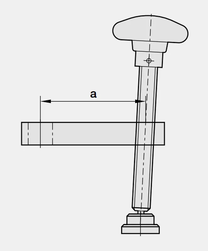 Technische Zeichnung Klemmvorrichtung, Ausladung 120 mm, mit Knauf, Gewindestange, Scheibe durch Grundplatte, Arbeitsschutz.