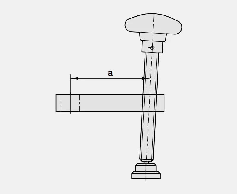 Technische Zeichnung: Seitenansicht Klemmvorrichtung, Ausladung a=95mm, durch Rechteckblock, ideal für Arbeitsschutz.