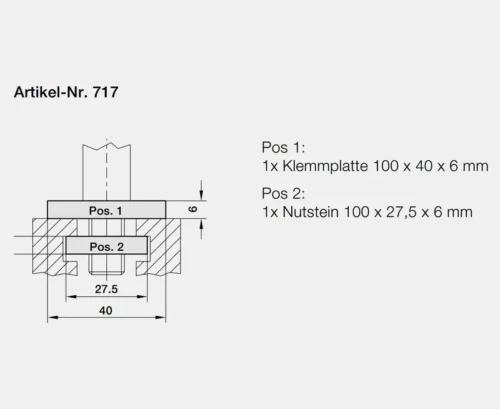 Technische Zeichnung: Klemmlager zur Bolzenmontage oben, Nutsteinbreite 27,5 mm, Klemmplatte, T-Nutmutter auf Deutsch angeschrieben.