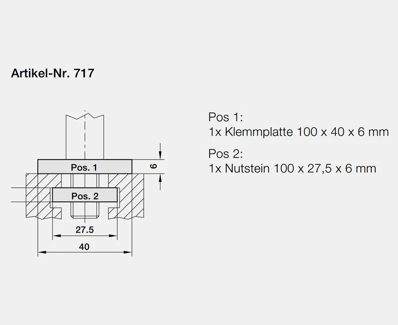 Technische Zeichnung: Klemmlager zur Bolzenmontage oben, Nutsteinbreite 27,5 mm, Klemmplatte, T-Nutmutter auf Deutsch angeschrieben.