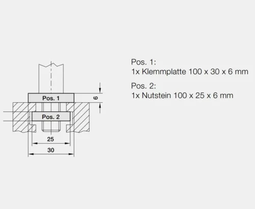 Technische Zeichnung: Klemmlager zu Bolzenmontage oben, mit Spannplatte, Nutstein, exakten Massen und Positionen; Arbeitsschutz.