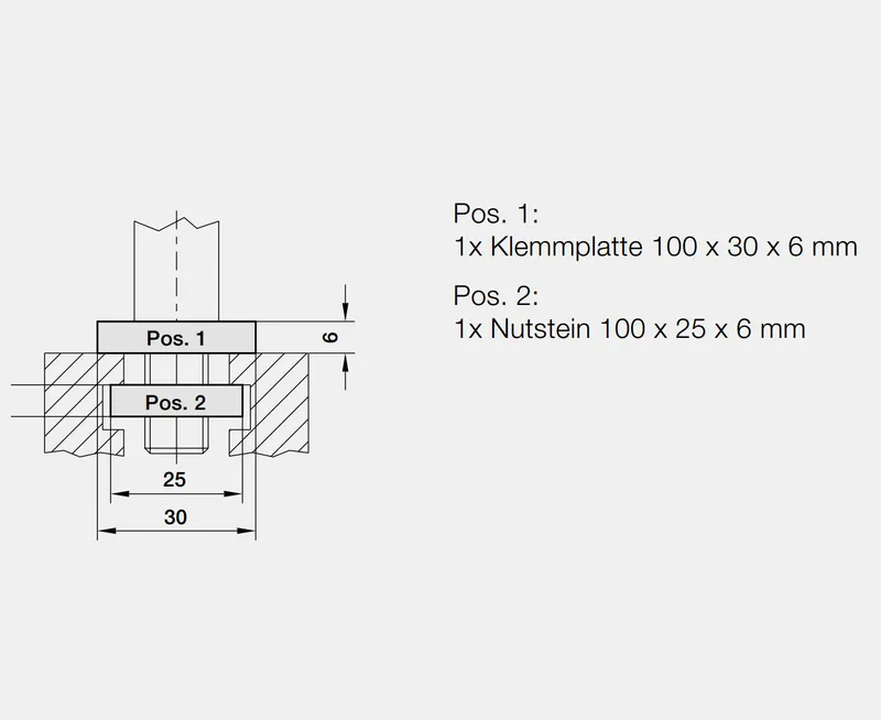 Technische Zeichnung: Klemmlager zu Bolzenmontage oben, mit Spannplatte, Nutstein, exakten Massen und Positionen; Arbeitsschutz.