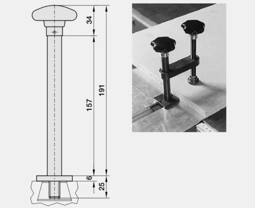 Technische Zeichnung: Bolzen mit Sterngriff und Klemmplatte 40x40 mm fixiert Werkstück, Arbeitsschutz, Höhe 191 mm.