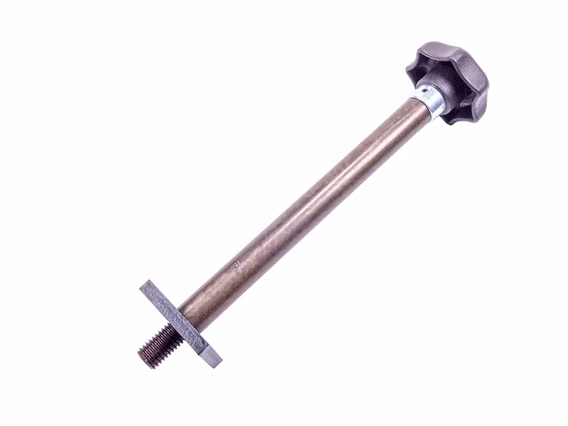 Bolzen mit Sterngriff, Klemmplatte 40x40mm, Gewindeende, schwarzer Kunststoffknauf, ideal für Schutzeinrichtungen.