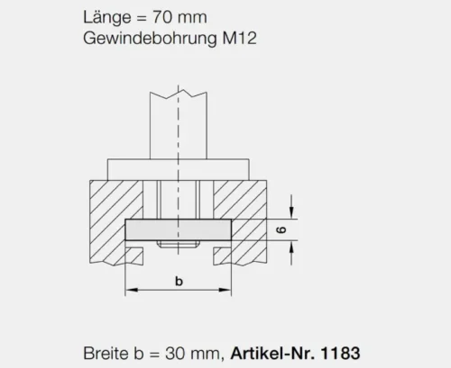 Technische Zeichnung: Nutstein für C-Profilnut, 70x30mm, M12-Gewinde, Detailansicht Montage und Masse für Arbeitsschutzsysteme.