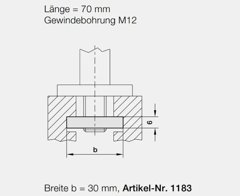 Technische Zeichnung: Nutstein für C-Profilnut, 70x30mm, M12-Gewinde, Detailansicht Montage und Masse für Arbeitsschutzsysteme.