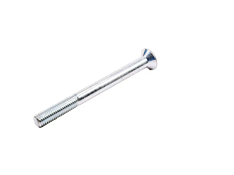 Eine Senkkopf-Innensechskantschraube M10x110mm aus Silbermetall, ideal für Arbeitsschutz und Holzbearbeitung, auf Weiss.