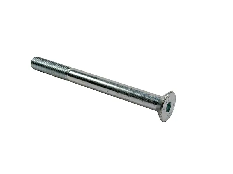 Senk-Schraube Innensechskant M10x110mm mit Flachkopf, Teilgewinde und Inbus-Antrieb für Arbeitsschutz, auf Weiss fotografiert.