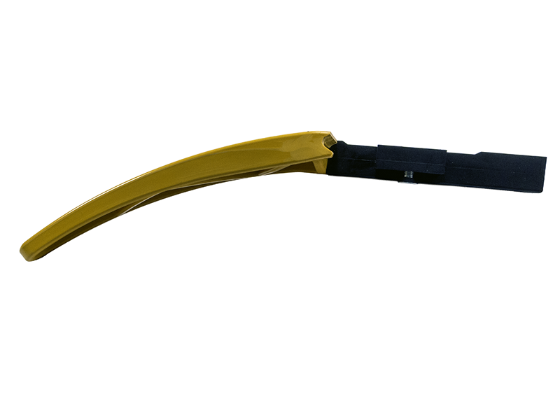 Gelber und schwarzer Scheibenwischer mit gebogenem Arm, Schutzsystem Einlaufschnabel (12925) für sichere Befestigung.