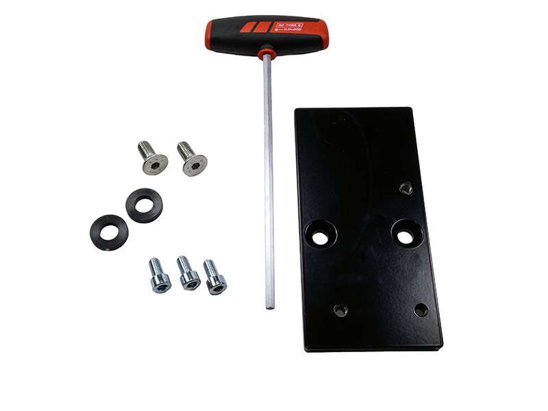 Suvamatic-Set (14379): Hofmann-Inbusschlüssel, Befestigungsplatte, Unterlegscheiben, Schrauben & Bolzen auf Weiss.