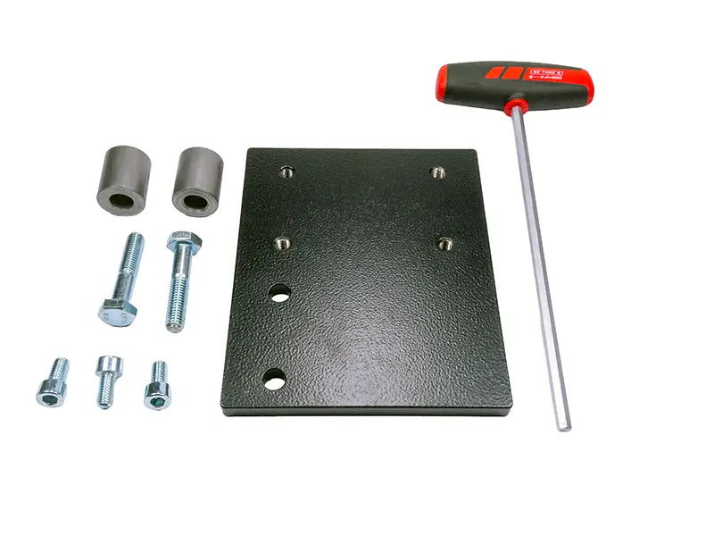 Suvamatic-Set 14428: Metallplatte, T-Griff-Inbusschlüssel, Abstandshalter, Schrauben, Muttern fürs Arbeitsschutz-Montageset. Suvamatic-Set 14428: Metallplatte, T-Griff-Inbusschlüssel, Abstandshalter, Schrauben, Muttern fürs Arbeitsschutz-Montageset.