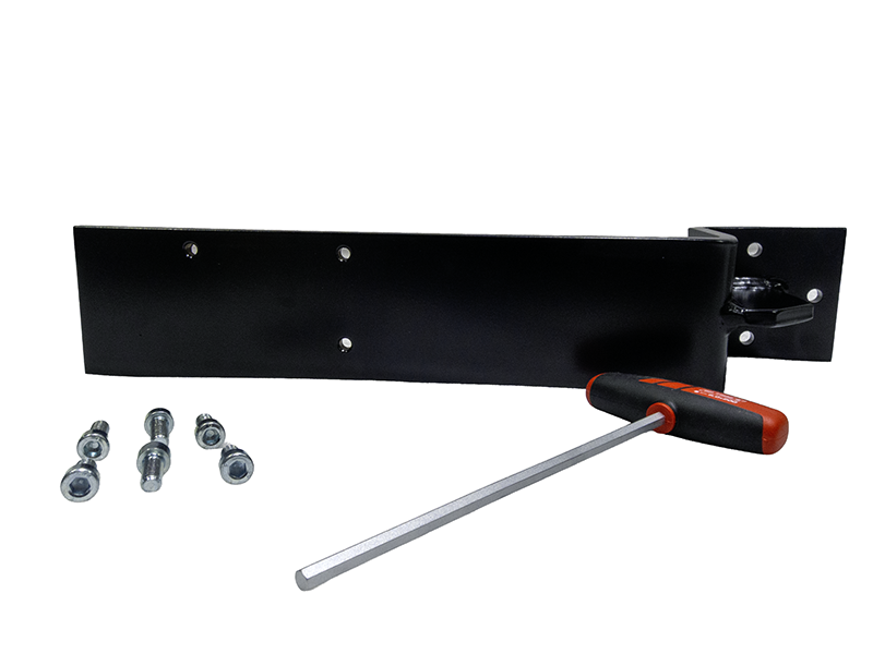 Schwarze Metall-Befestigung mit drei Schrauben, Muttern & T-Griff-Inbusschlüssel. Für Suvamatic-Set Panhans 334/335 ab 1992.