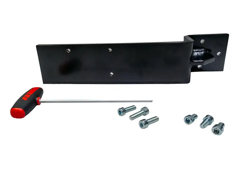 Schwarzer Metallwinkel mit Scharnier, T-Griff-Inbusschlüssel (Suvamatic-Set), sechs Silberbolzen auf weißem Grund.