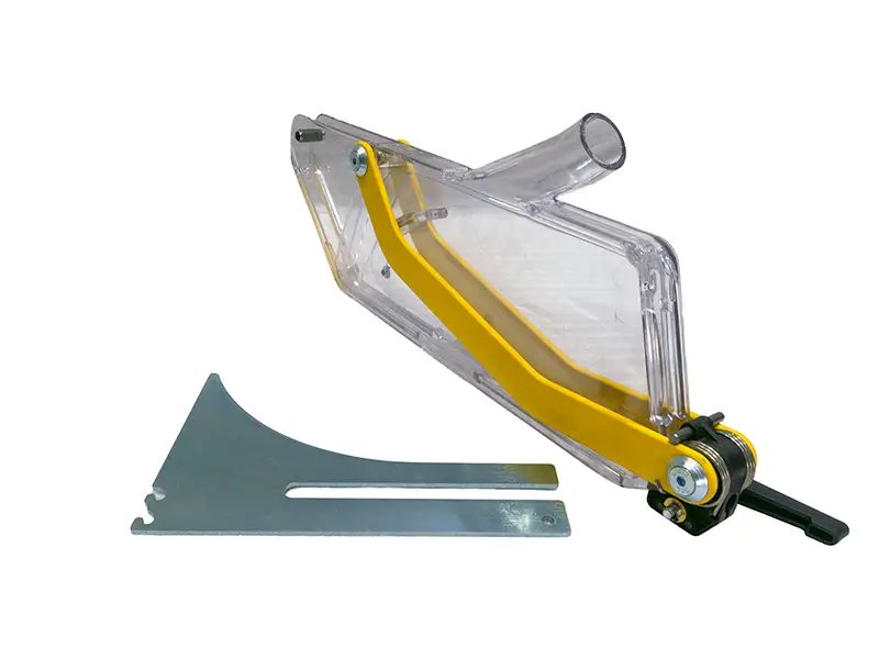 Transparente Schutzhaube S 315 mit gelbem Arm und Metallhalterung, ideal als Sicherheitsabdeckung für Tischsägen, Spaltkeil 2,8 mm.