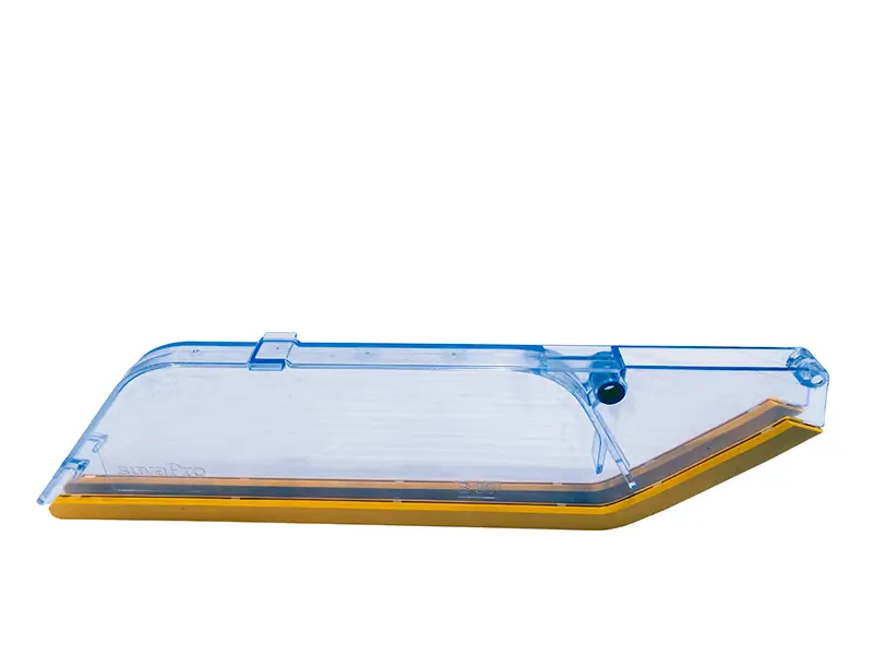 Transparenter, blauer Kunststoff-Bienenstockeingang mit gelbem Sockel, 6 mm Spaltkeil-Lösung für optimalen Bienenschutz.