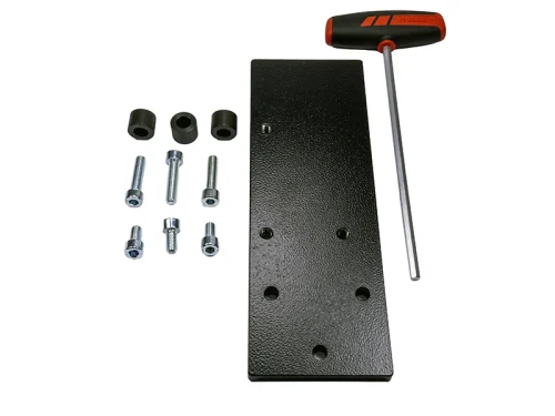 Suvamatic-Set 55061: Schneider, schwarze Montageplatte, Bolzen, Distanzhuelsen, Scheiben, T-Griff-Inbusschluessel auf Weiss. Suvamatic-Set 55061: Schneider, schwarze Montageplatte, Bolzen, Distanzhuelsen, Scheiben, T-Griff-Inbusschluessel auf Weiss.